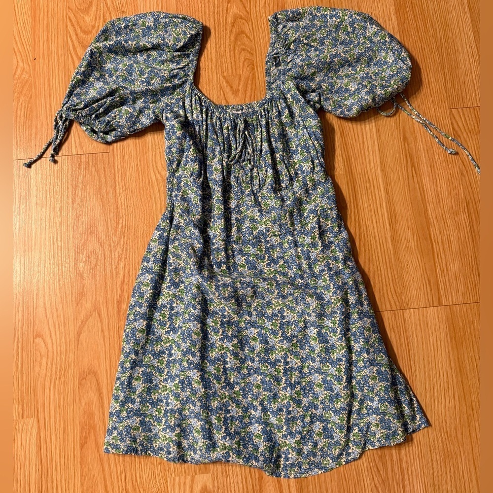 Faithfull the Brand Floral Blue Puff Sleeve Dress, Size Large - Picture 3 of 4
